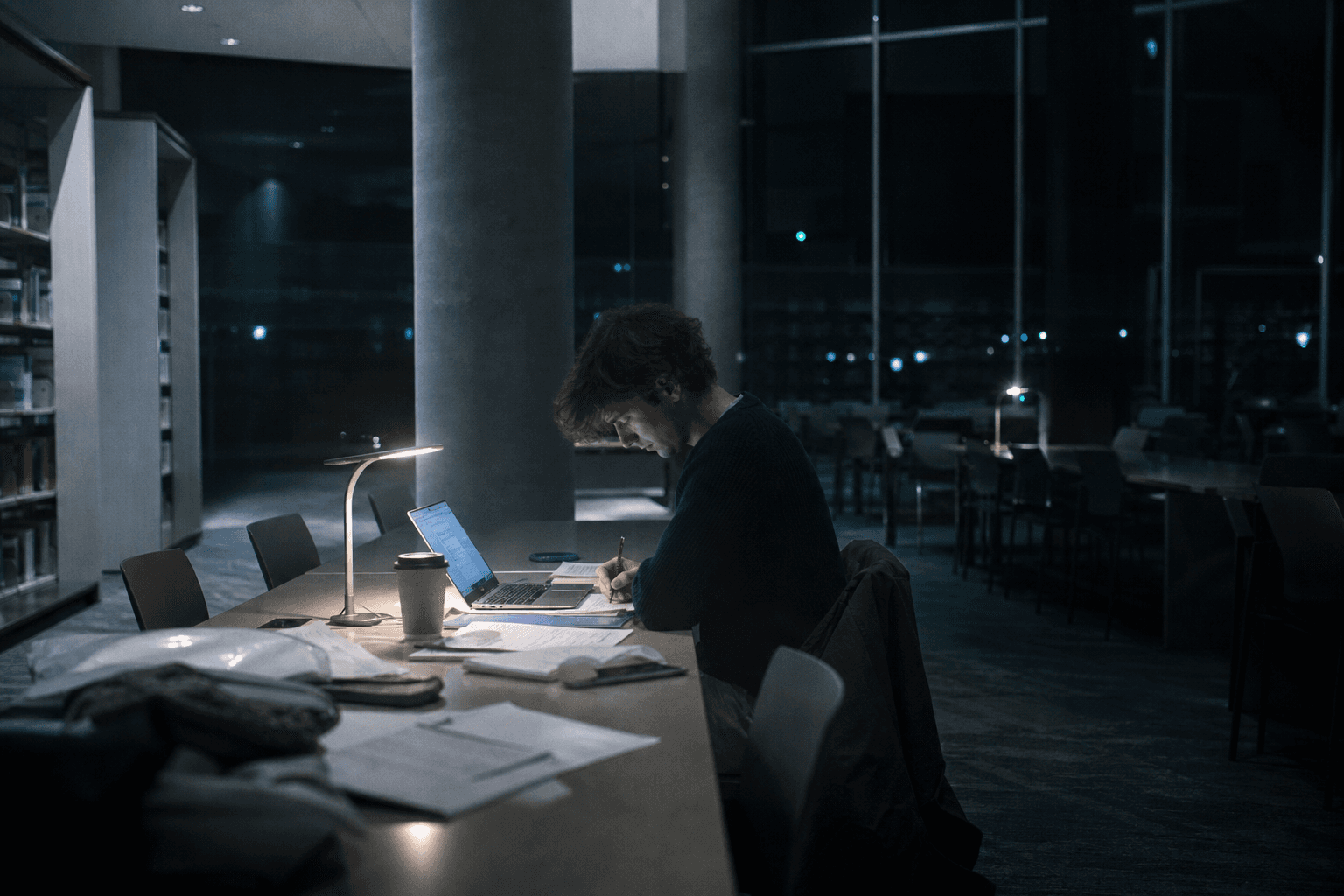 A student working alone in a university library at night