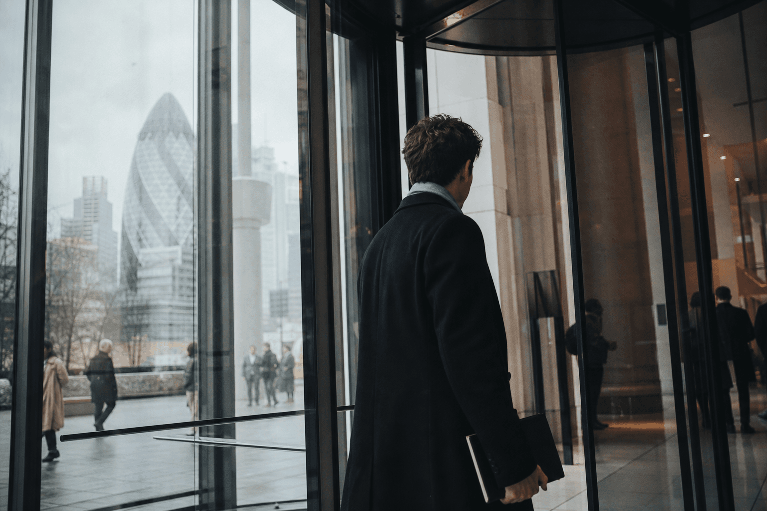 A student entering a financial institution in the City of London