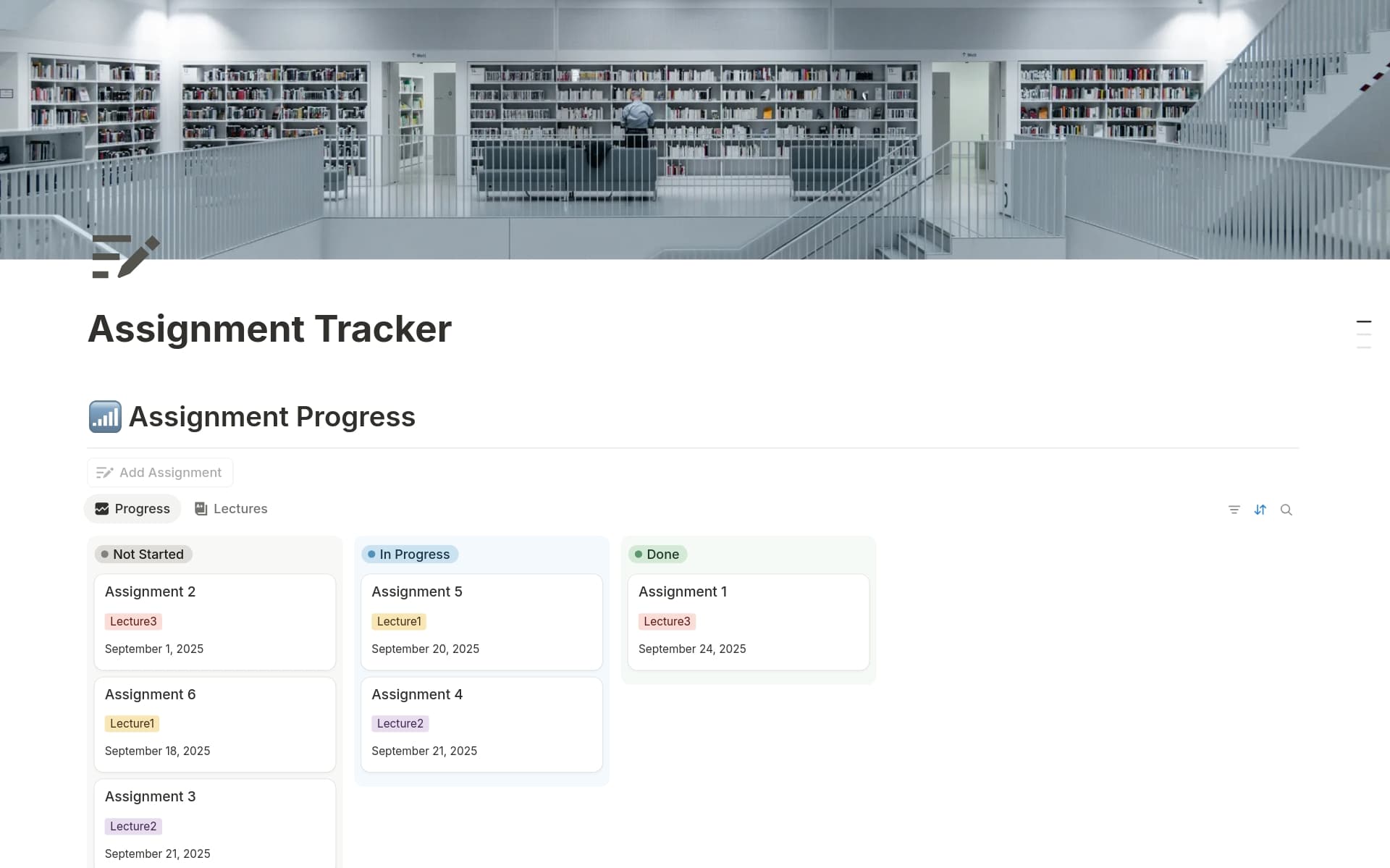 A real Notion assignment tracker database shown as a board